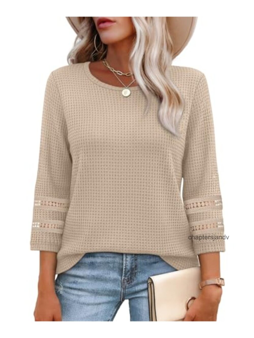 Womens Dressy Casual 3/4 Sleeve Lace Crochet Waffle Knit Blouse Tunic